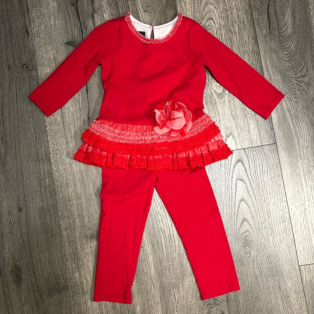 Isobella and Chloe girls red ruffled shirt and pants set